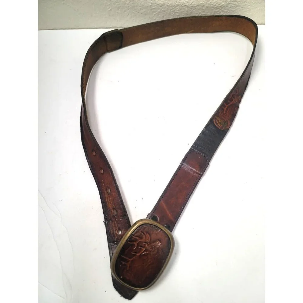 Vintage Leather Belt With‎ Deer Design & Buckle Size 36